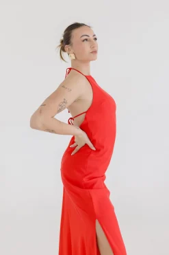 Leticia Sleeveless Halter Tie Maxi Dress Red