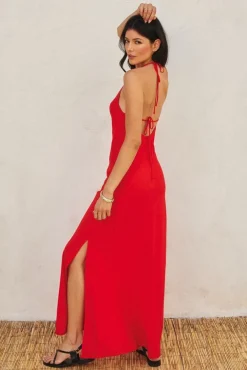 Leticia Sleeveless Halter Tie Maxi Dress Red