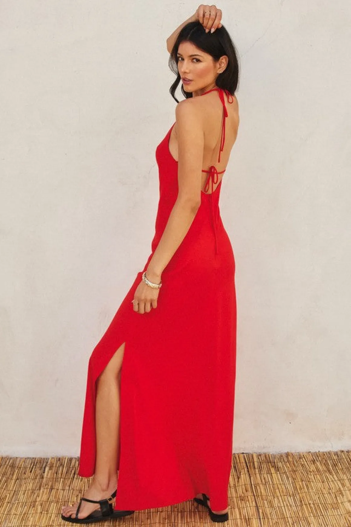 Leticia Sleeveless Halter Tie Maxi Dress Red