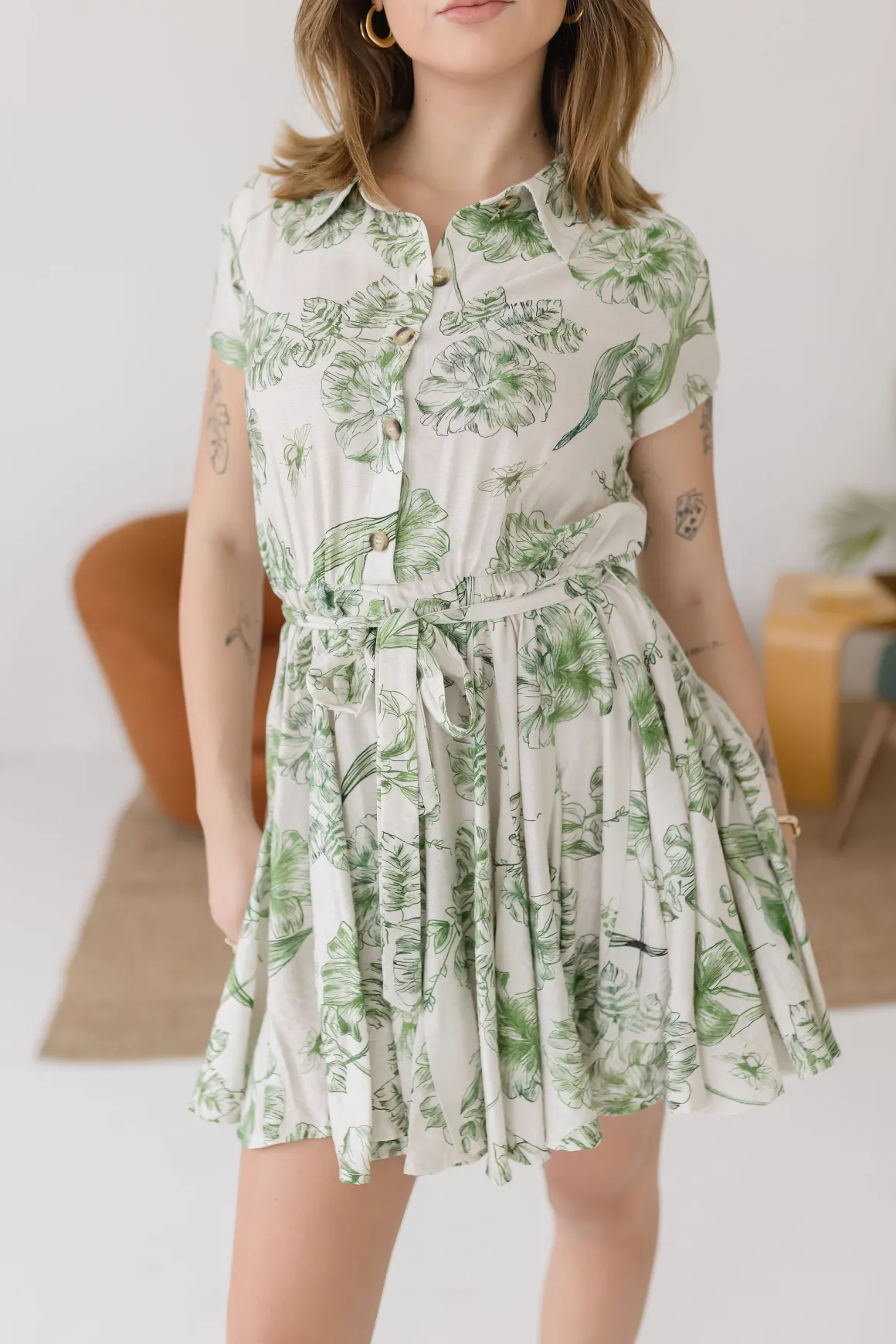 Lexa Short Sleeve Floral Print Button Down Mini Dress Green