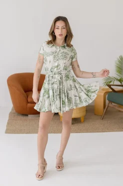 Lexa Short Sleeve Floral Print Button Down Mini Dress Green