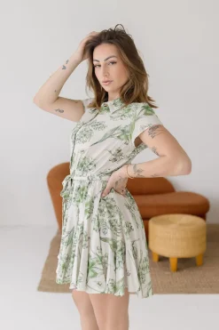 Lexa Short Sleeve Floral Print Button Down Mini Dress Green