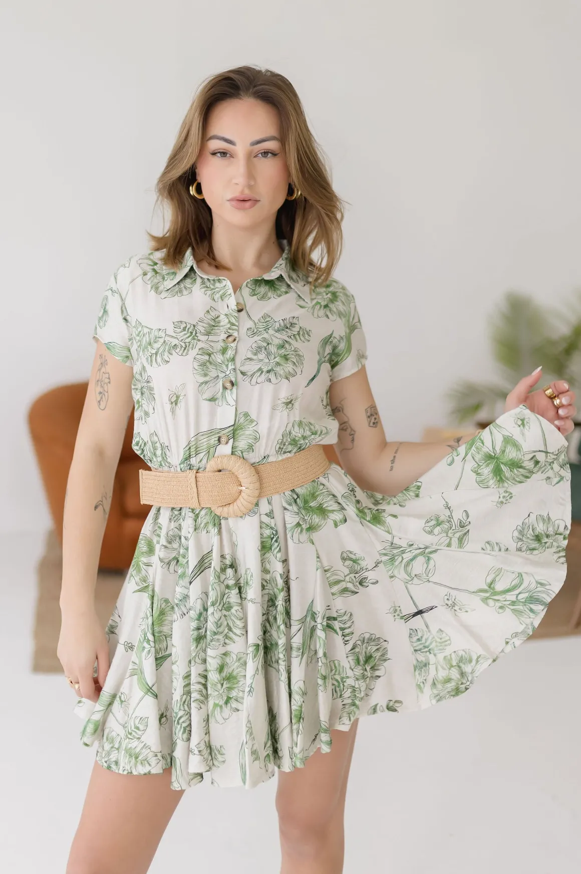 Lexa Short Sleeve Floral Print Button Down Mini Dress Green