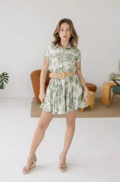 Lexa Short Sleeve Floral Print Button Down Mini Dress Green