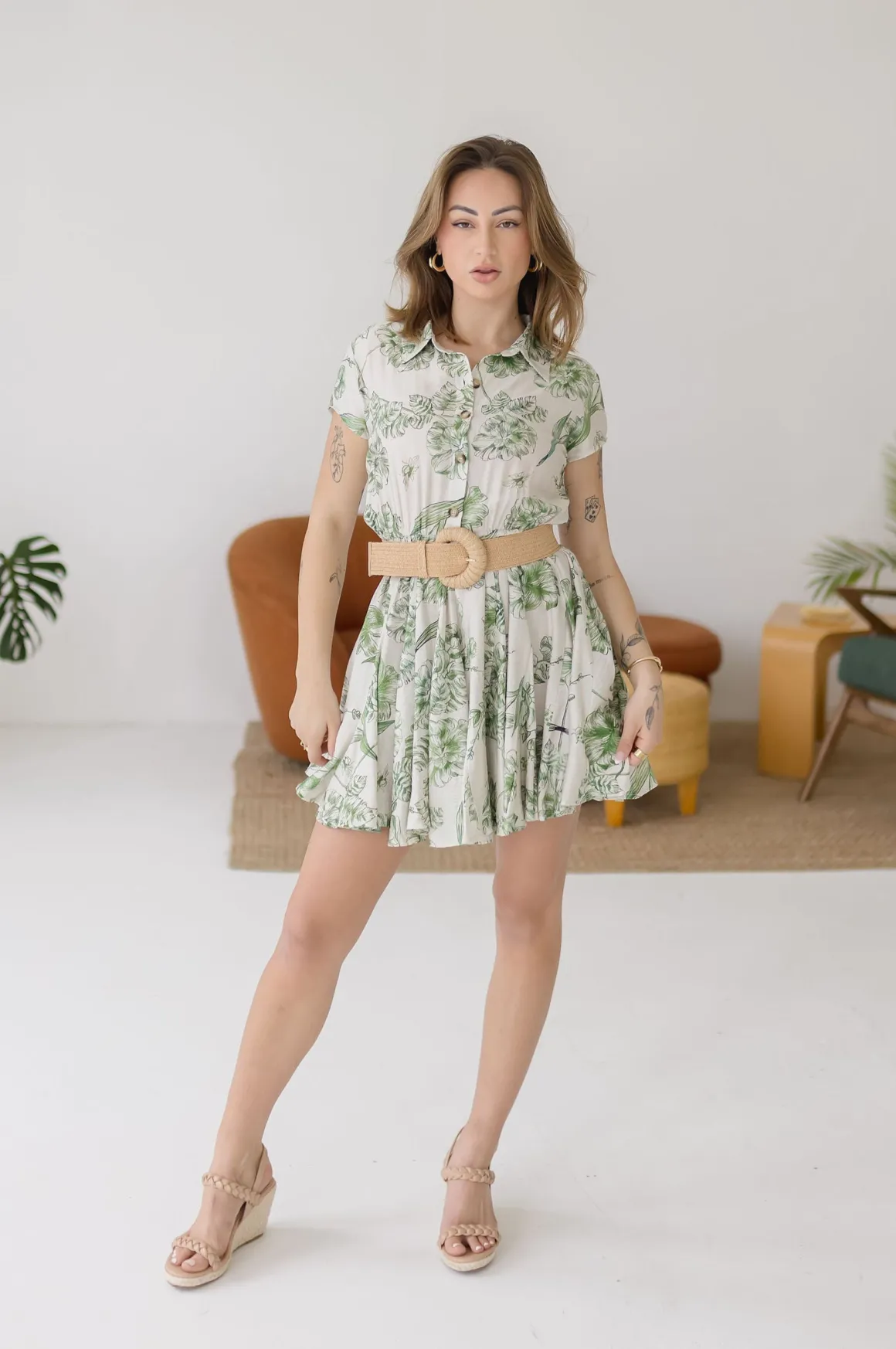 Lexa Short Sleeve Floral Print Button Down Mini Dress Green