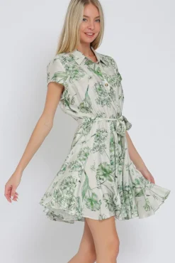 Lexa Short Sleeve Floral Print Button Down Mini Dress Green