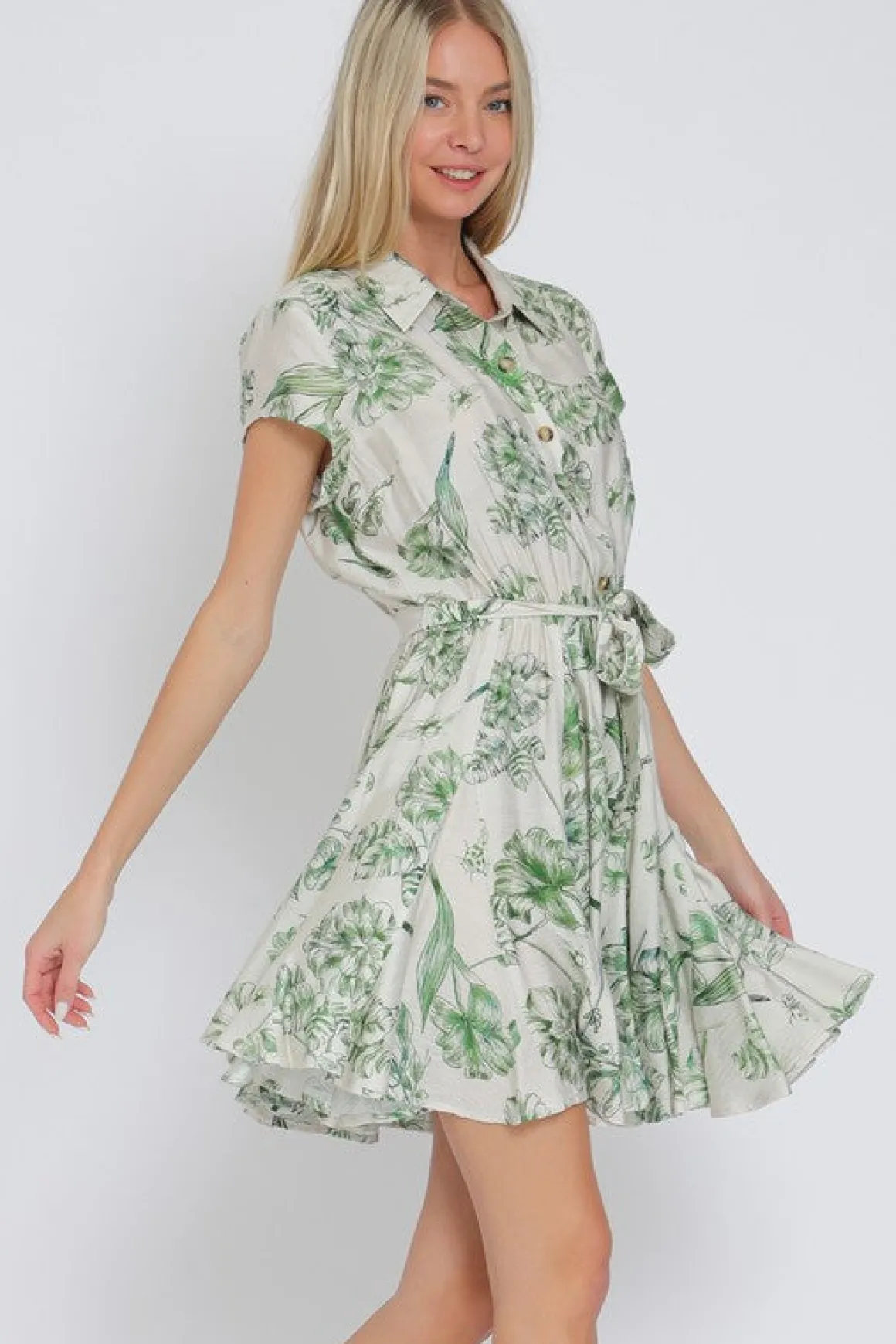 Lexa Short Sleeve Floral Print Button Down Mini Dress Green