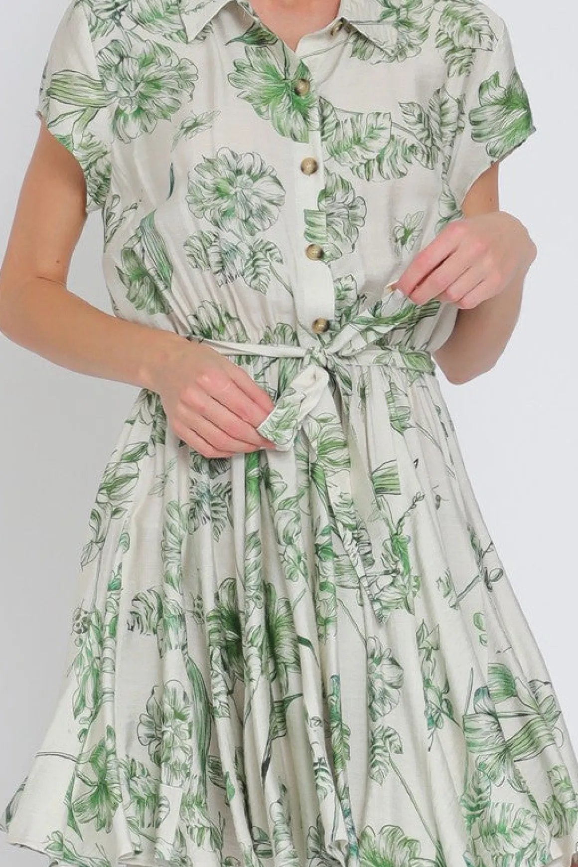 Lexa Short Sleeve Floral Print Button Down Mini Dress Green