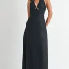 Lizbeth Sleeveless Halter Tie Linen Maxi Dress Black