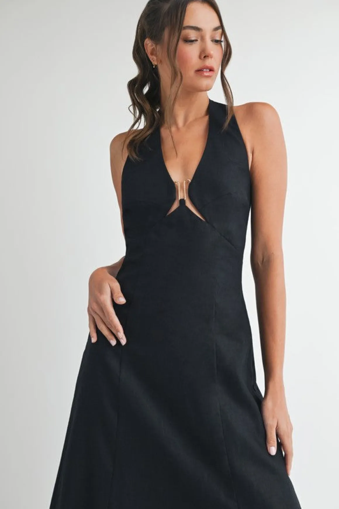 Lizbeth Sleeveless Halter Tie Linen Maxi Dress Black
