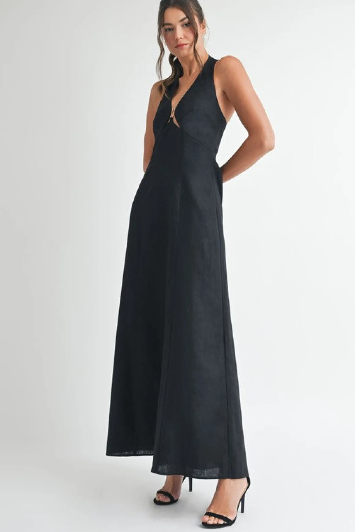 Lizbeth Sleeveless Halter Tie Linen Maxi Dress Black