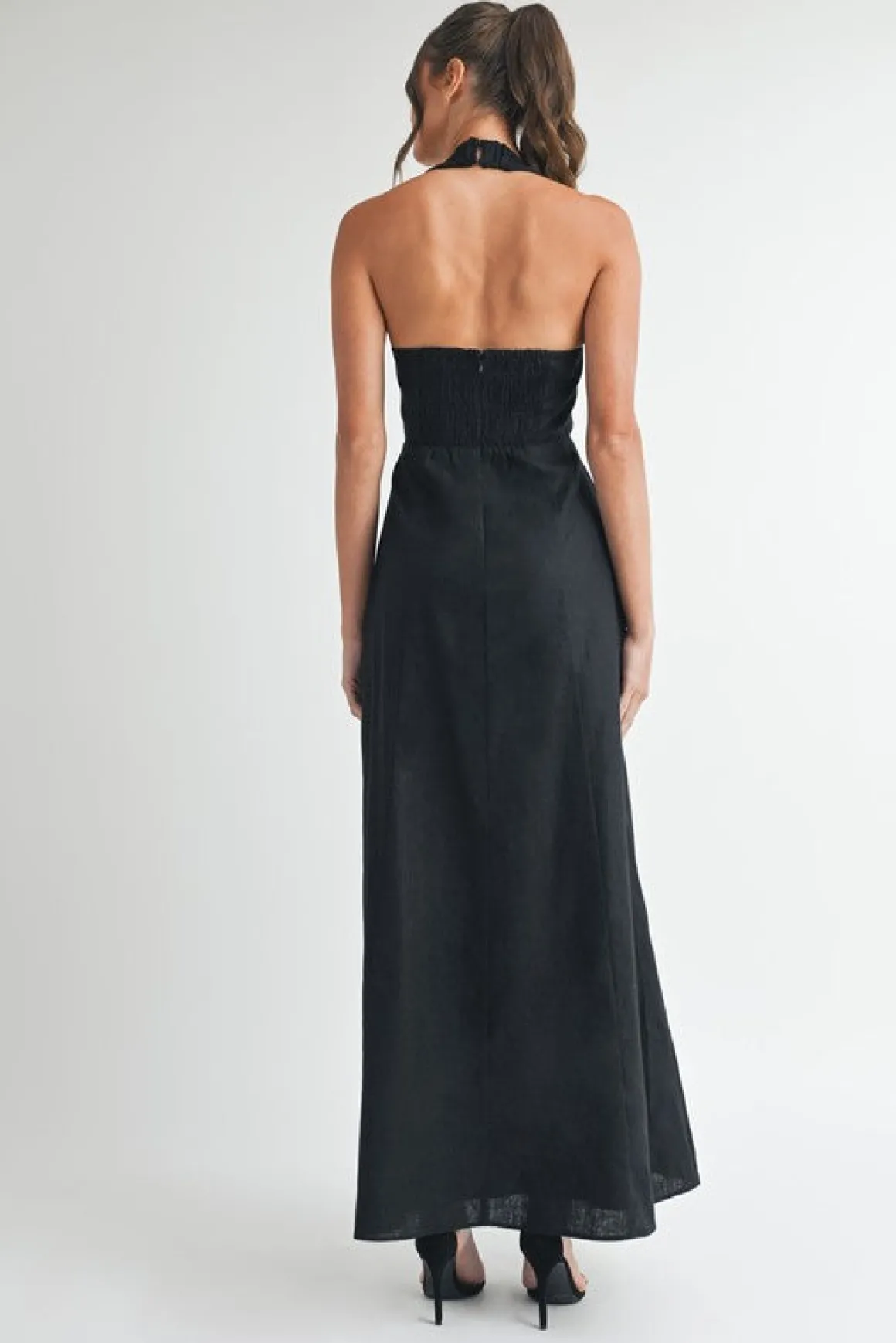 Lizbeth Sleeveless Halter Tie Linen Maxi Dress Black