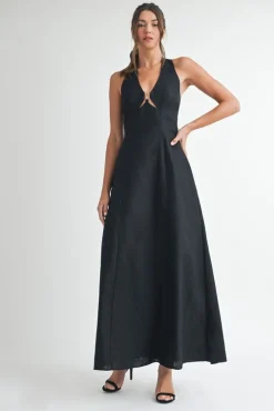 Lizbeth Sleeveless Halter Tie Linen Maxi Dress Black