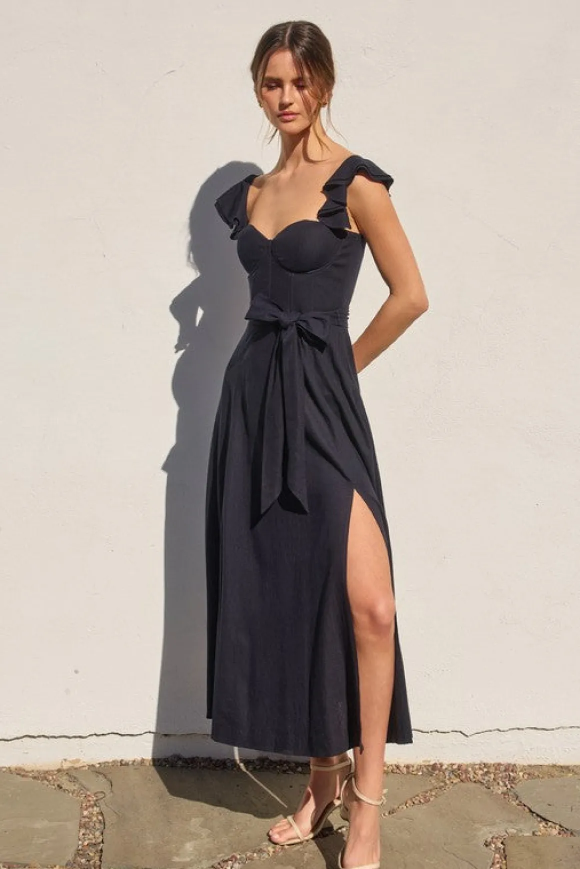 Lizette Flutter Sleeve Waist Tie Maxi Dress Navy