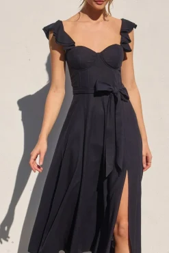 Lizette Flutter Sleeve Waist Tie Maxi Dress Navy