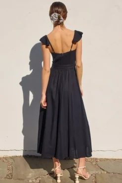 Lizette Flutter Sleeve Waist Tie Maxi Dress Navy