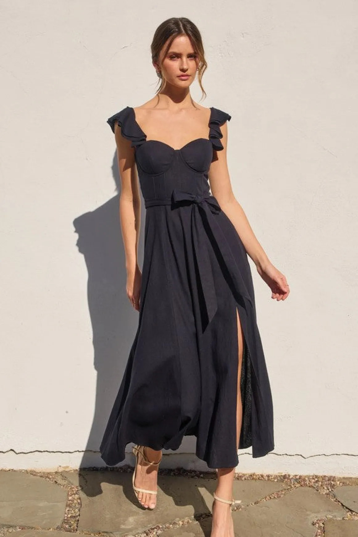 Lizette Flutter Sleeve Waist Tie Maxi Dress Navy