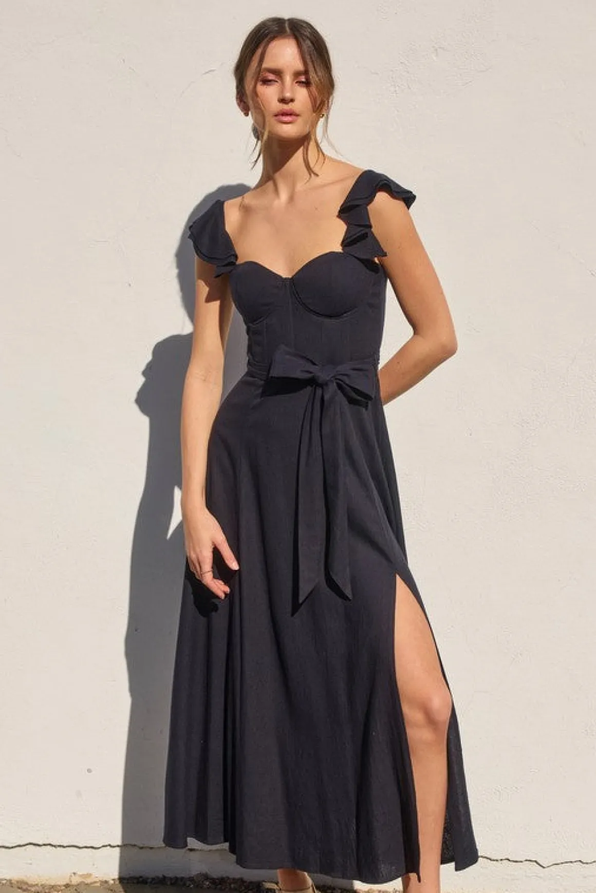 Lizette Flutter Sleeve Waist Tie Maxi Dress Navy