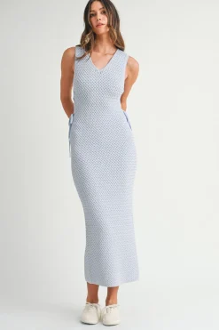 Logan Sleeveless Cut Out Crochet Knit Midi Dress Blue