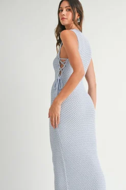 Logan Sleeveless Cut Out Crochet Knit Midi Dress Blue