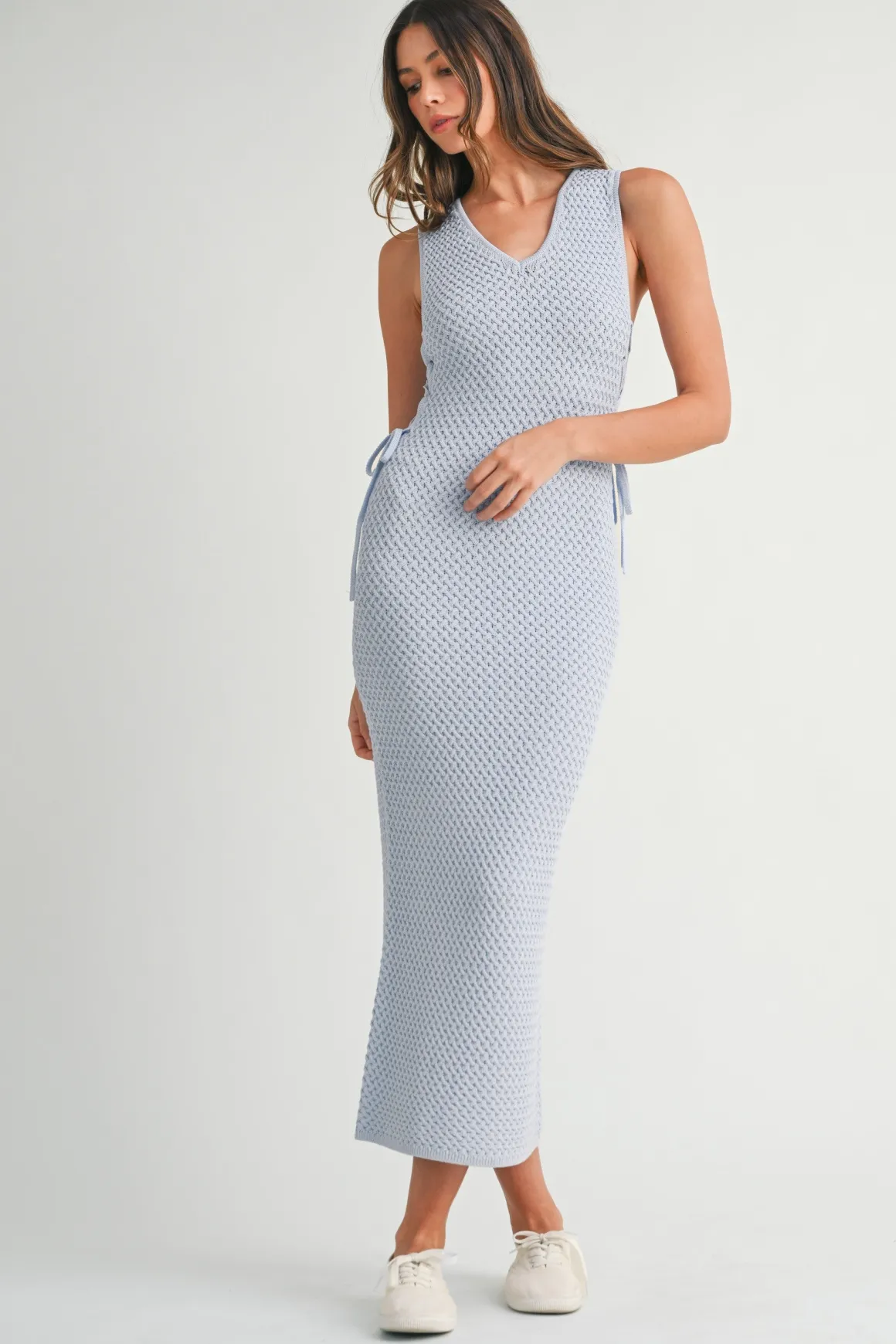 Logan Sleeveless Cut Out Crochet Knit Midi Dress Blue