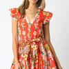 Lola Short Ruffle Sleeve Waist Tie Floral Prin Mini Dress Orange