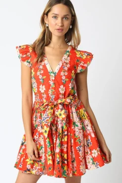 Lola Short Ruffle Sleeve Waist Tie Floral Prin Mini Dress Orange