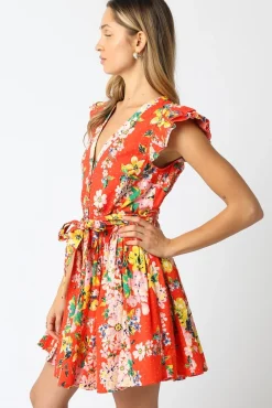 Lola Short Ruffle Sleeve Waist Tie Floral Prin Mini Dress Orange