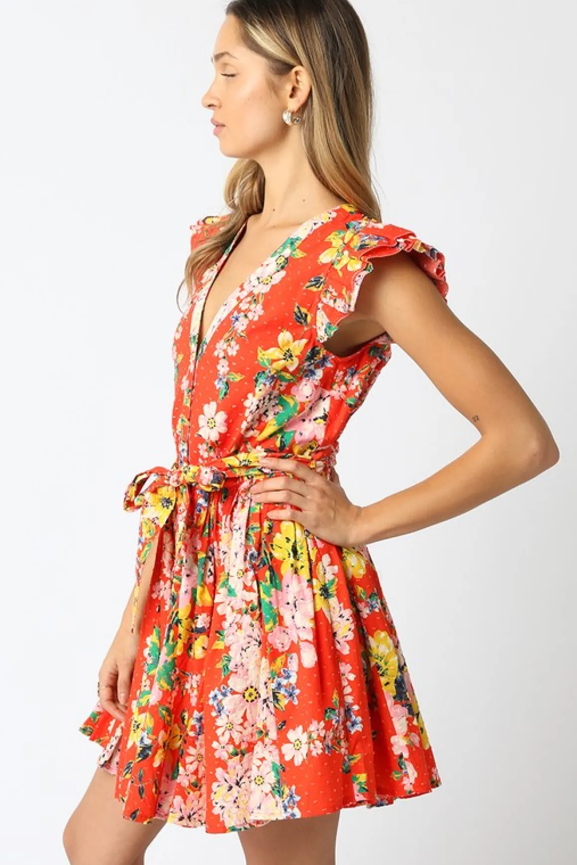 Lola Short Ruffle Sleeve Waist Tie Floral Prin Mini Dress Orange