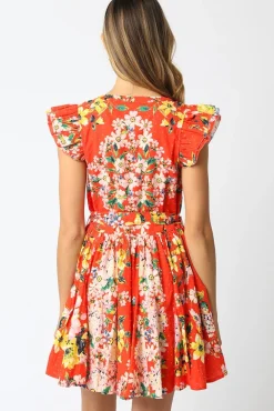 Lola Short Ruffle Sleeve Waist Tie Floral Prin Mini Dress Orange