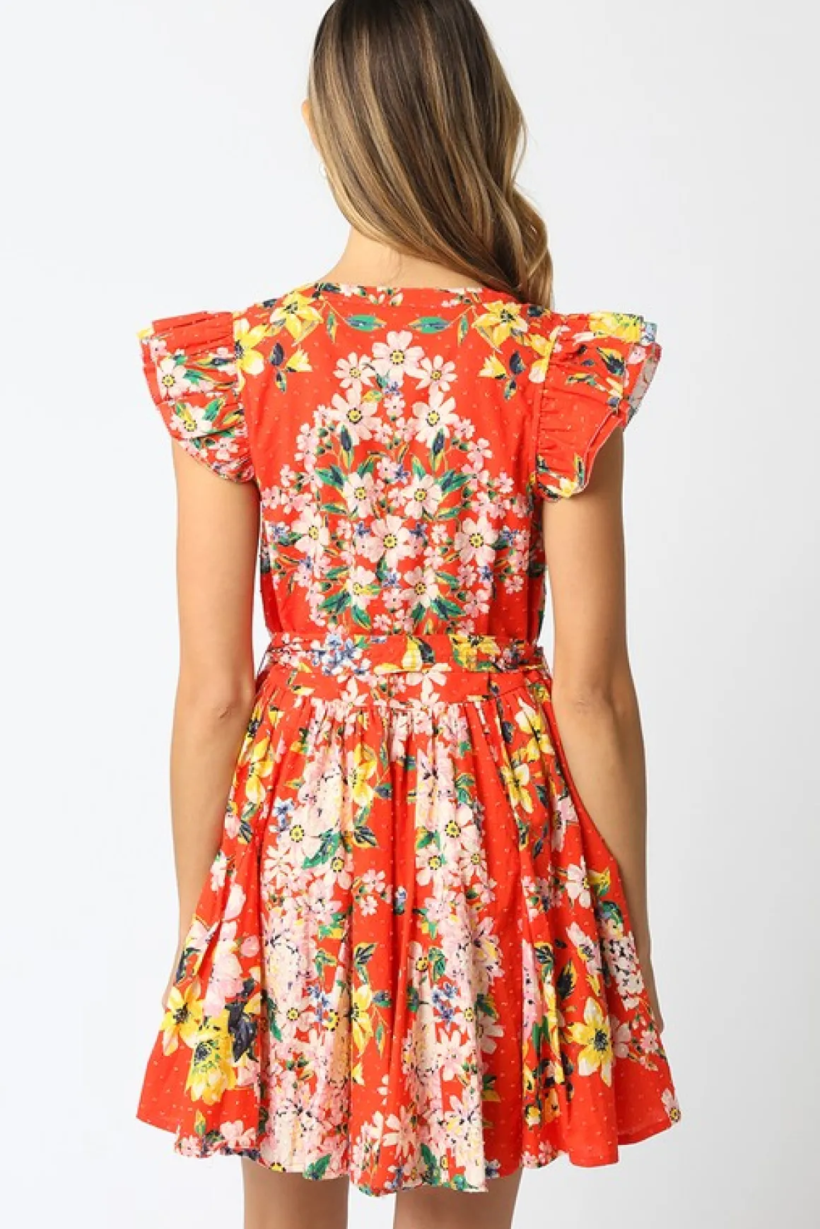 Lola Short Ruffle Sleeve Waist Tie Floral Prin Mini Dress Orange