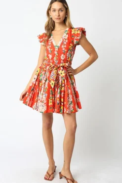 Lola Short Ruffle Sleeve Waist Tie Floral Prin Mini Dress Orange