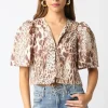 Louisa Short Puff Sleeve Front Tie Leopard Print Top Brown