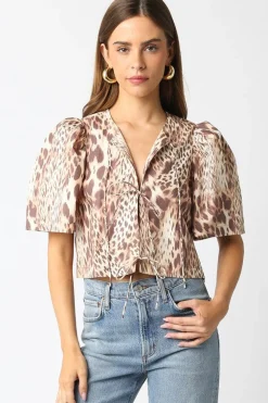 Louisa Short Puff Sleeve Front Tie Leopard Print Top Brown
