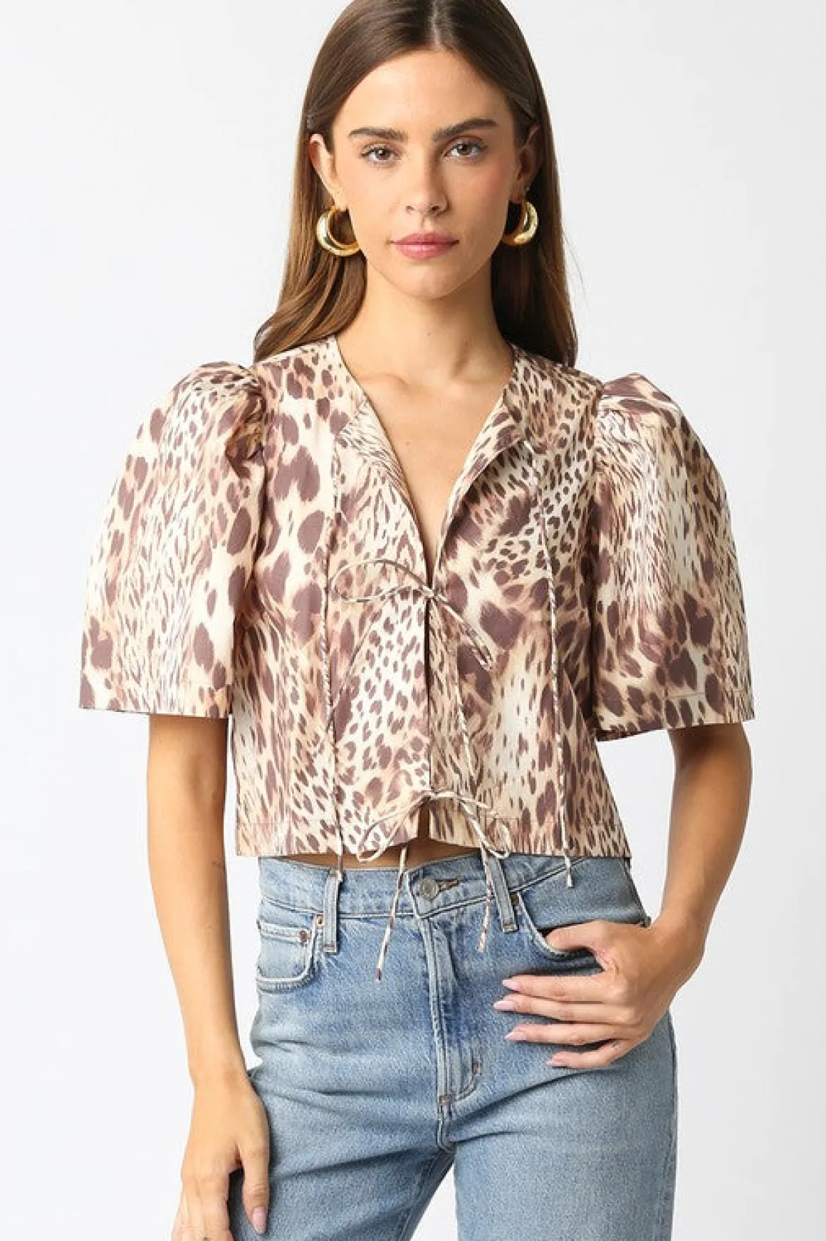 Louisa Short Puff Sleeve Front Tie Leopard Print Top Brown