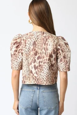 Louisa Short Puff Sleeve Front Tie Leopard Print Top Brown