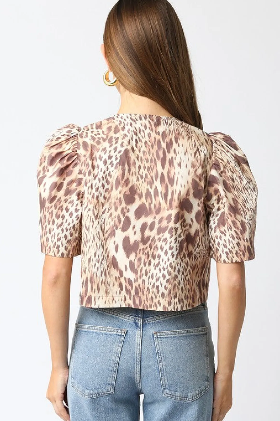 Louisa Short Puff Sleeve Front Tie Leopard Print Top Brown