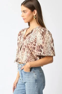 Louisa Short Puff Sleeve Front Tie Leopard Print Top Brown