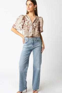 Louisa Short Puff Sleeve Front Tie Leopard Print Top Brown