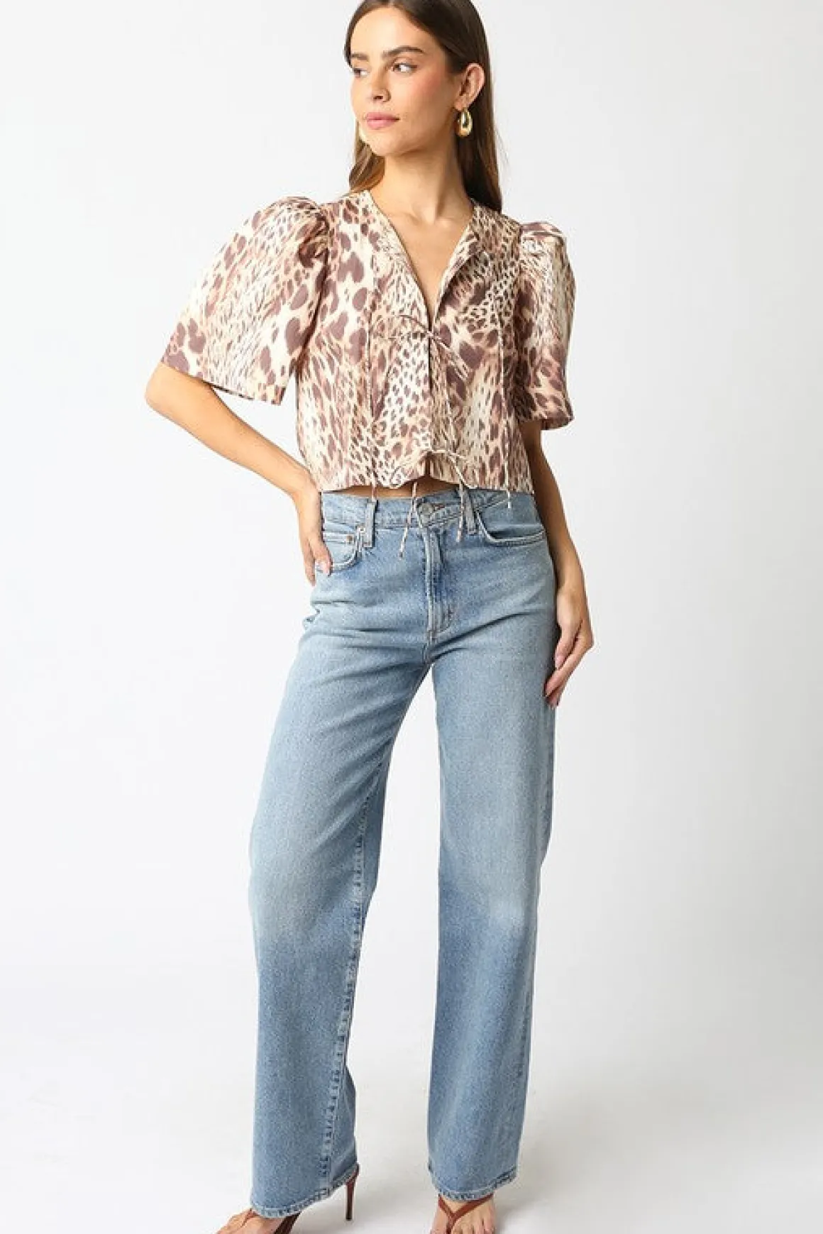 Louisa Short Puff Sleeve Front Tie Leopard Print Top Brown
