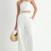 Lucia Sleeveless Halter Tie Scallop Trim Linen Top And Pants Set White