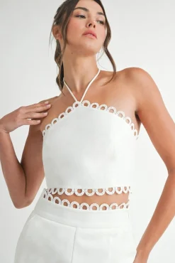 Lucia Sleeveless Halter Tie Scallop Trim Linen Top And Pants Set White