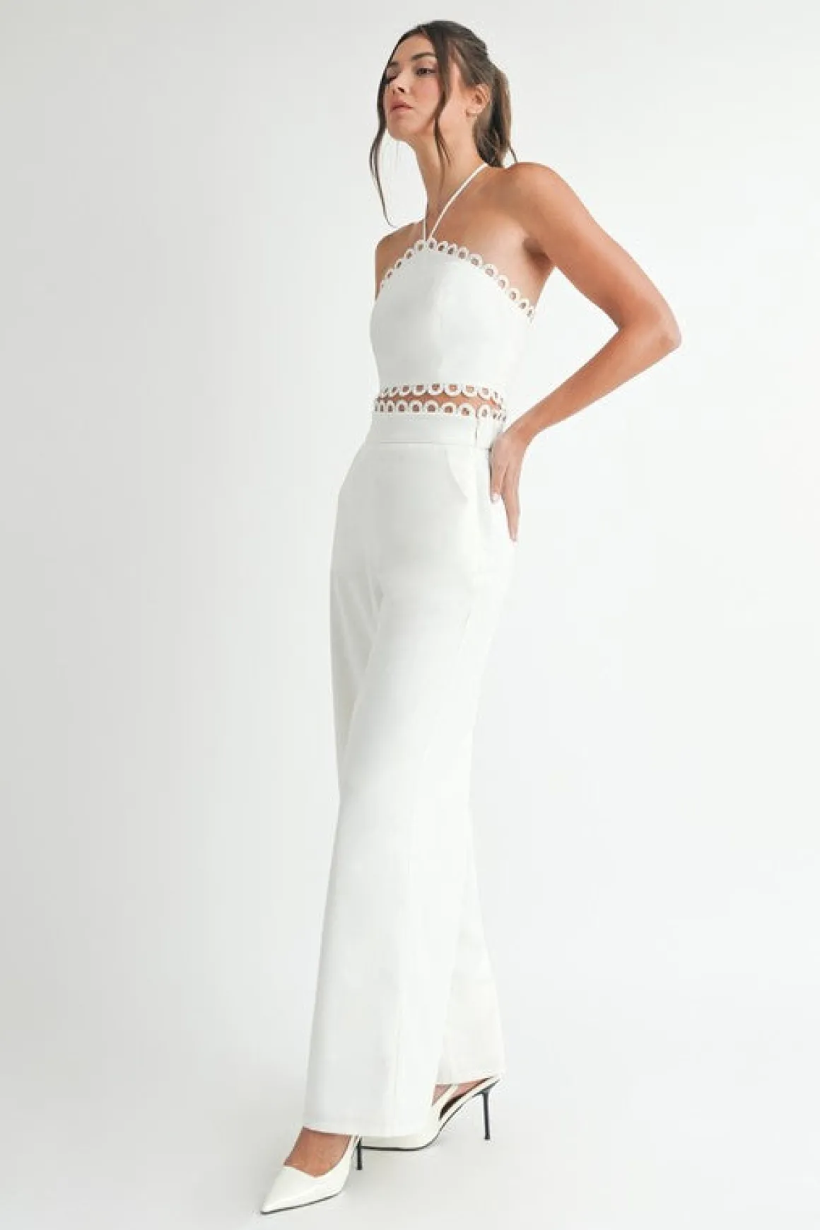 Lucia Sleeveless Halter Tie Scallop Trim Linen Top And Pants Set White
