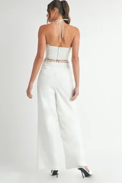 Lucia Sleeveless Halter Tie Scallop Trim Linen Top And Pants Set White