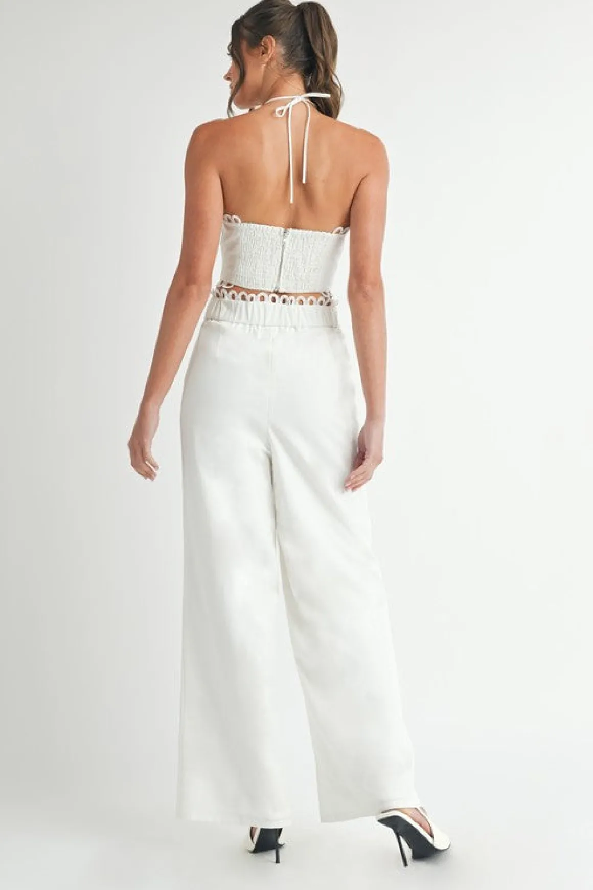Lucia Sleeveless Halter Tie Scallop Trim Linen Top And Pants Set White