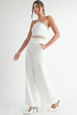 Lucia Sleeveless Halter Tie Scallop Trim Linen Top And Pants Set White