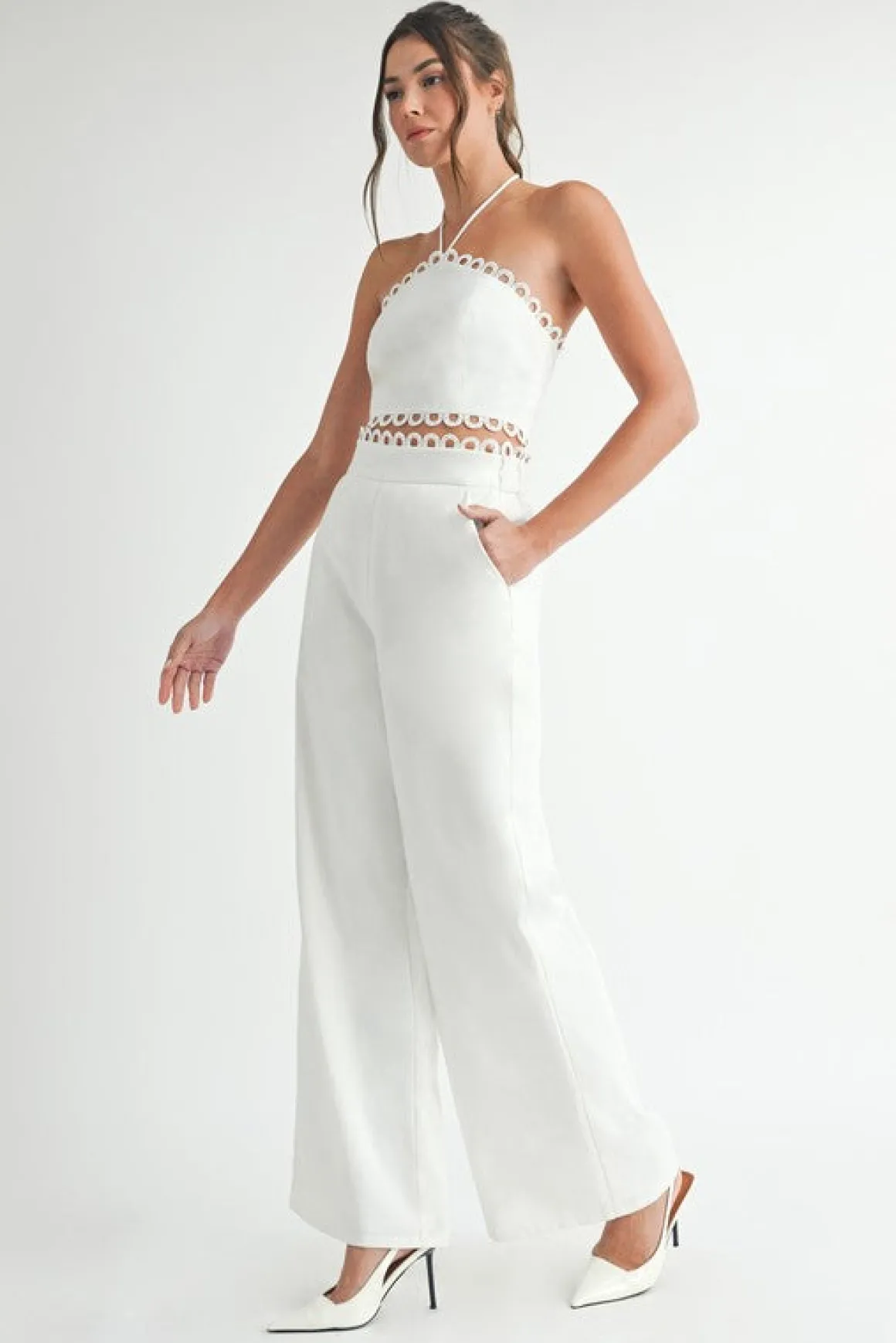 Lucia Sleeveless Halter Tie Scallop Trim Linen Top And Pants Set White