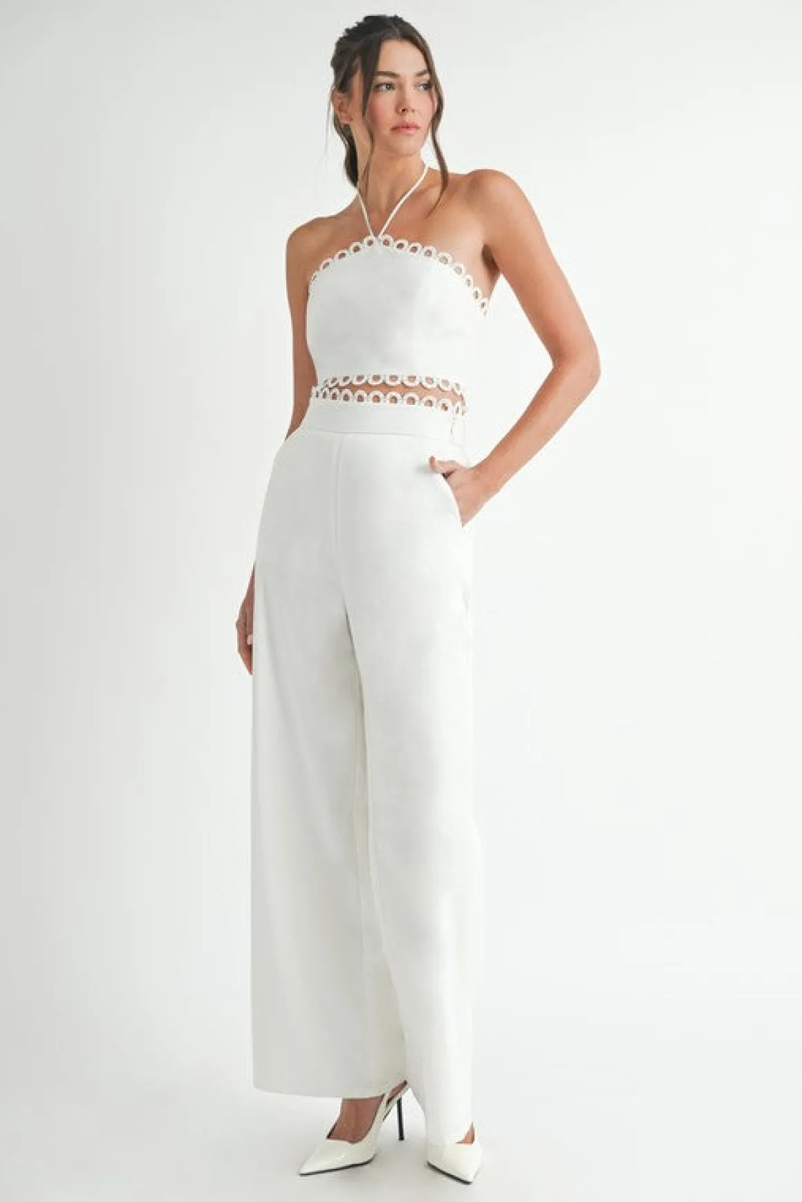 Lucia Sleeveless Halter Tie Scallop Trim Linen Top And Pants Set White