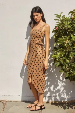 Lucy Sleeveless Polka Dot Print Wrap Midi Dress Taupe