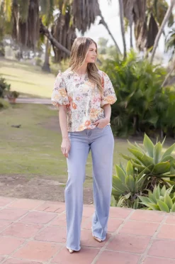 Lydia Short Puff Sleeve Floral Crochet Lace Top Sage